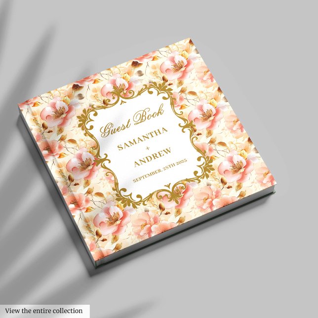Bonito Livro de Convidados de Casamento Dourado pa (Pretty Blush Gold Wedding Guest Book for Memories)