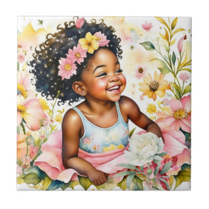 Bonito Menina em Flores Rosa, Aquarela Arte