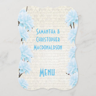 Bonito menu de casamento de flores azuis-claras
