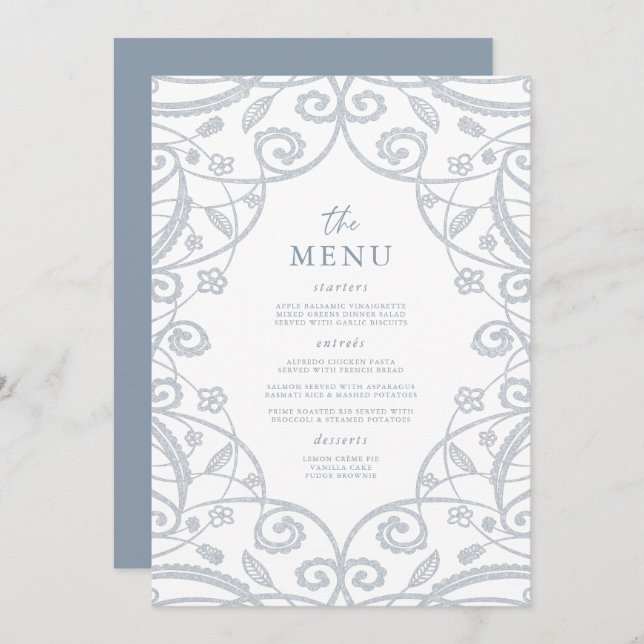 Bonito Menu de Casamento de Lace Glitter Azul de P (Frente/Verso)