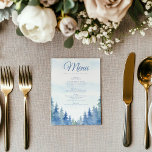 Bonito menu de casamento dos pinheiros de inverno<br><div class="desc">Cartão de cardápio de casamento inspirado em Woodland. O design apresenta uma paisagem serena azul e verde de floresta aquosa ao longo da parte inferior, combinada com um roteiro clássico azul e fontes serif para uma aparência refinada. Perfeito para casamentos rústicos, ao ar livre ou com temas naturais, este cartão...</div>