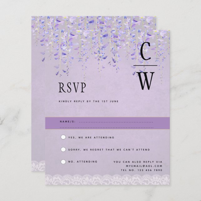 Bonito Moderna Wisteria Lace Purple Weding RSVP (Frente/Verso)