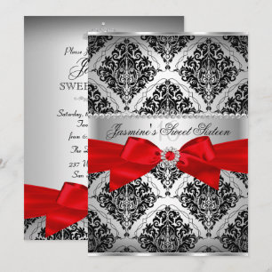 Bonito Red Black Damask Sweet 16 Convite