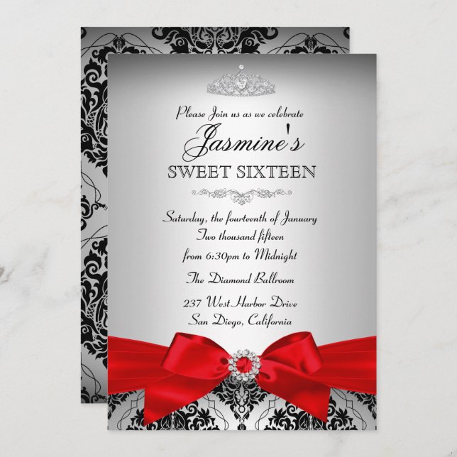 Bonito Red Damask Silver Sweet 16 Convite (Frente/Verso)