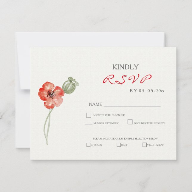 Bonito Red Poppies moderno cartão RSVP de casament (Frente)