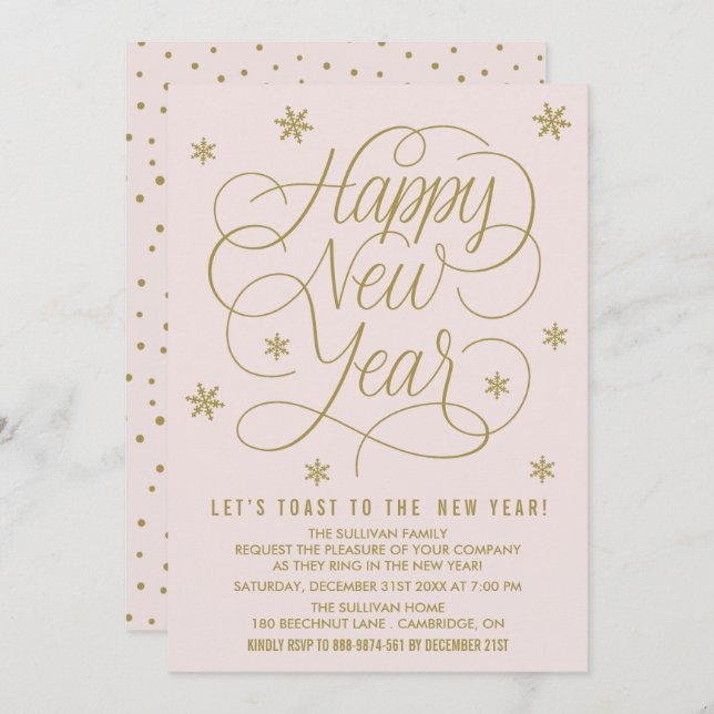 Bonito rosa e Dourado Convite de festas de Ano Nov (Frente/Verso)