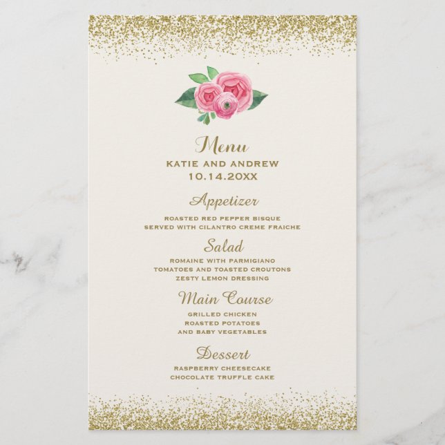 Bonito Rosas Rosa e Menu Casamento com Lobras (Frente)