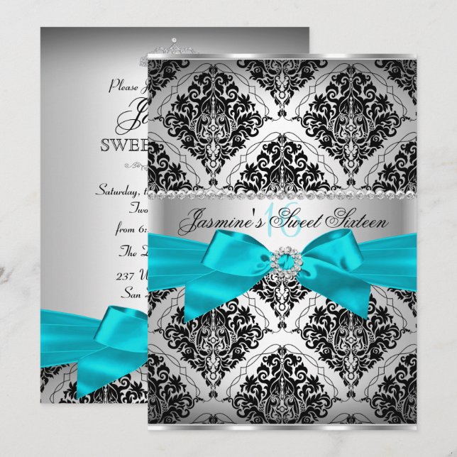 Bonito Teal & Black Damask Sweet 16 Convite (Frente/Verso)