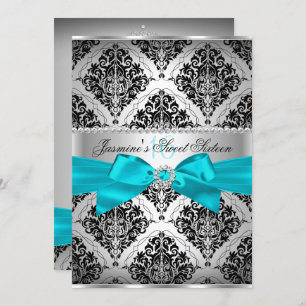 Bonito Teal & Black Damask Sweet 16 Convite