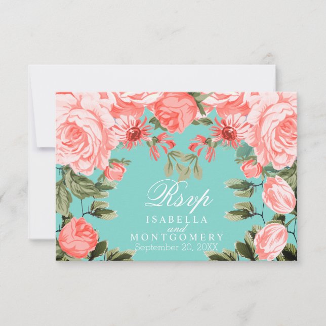 Bonito Teal e Coral Floral Design - RSVP (Frente)