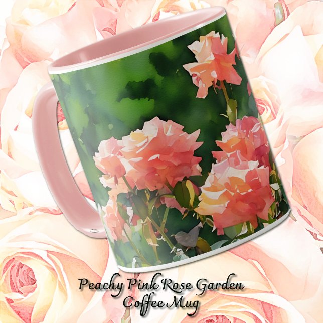 Bonito Xícara de Lata Rosa, Torta de Arte do Jardi (Peachy pink rose garden in a watercolor style art on a stylish mug.)