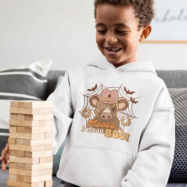 Boo Cowboy Halloween Moo - Gráfico Retroativo (Funny Cow halloween Hoodie for kids. Boo Spooky Hoodie, Cowboy Hat halloween Retro Style, Vintage)