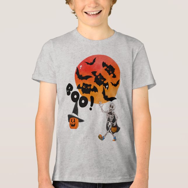 Boo Crew Halloween Kids T-Shirt com Esqueleto, Bat (Frente)