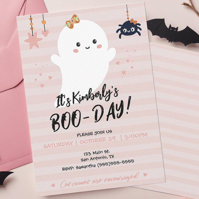 BOOday Kawaii Ghost Halloween Convite (Cute Pink Boo-day Halloween Birthday Party Invitation)