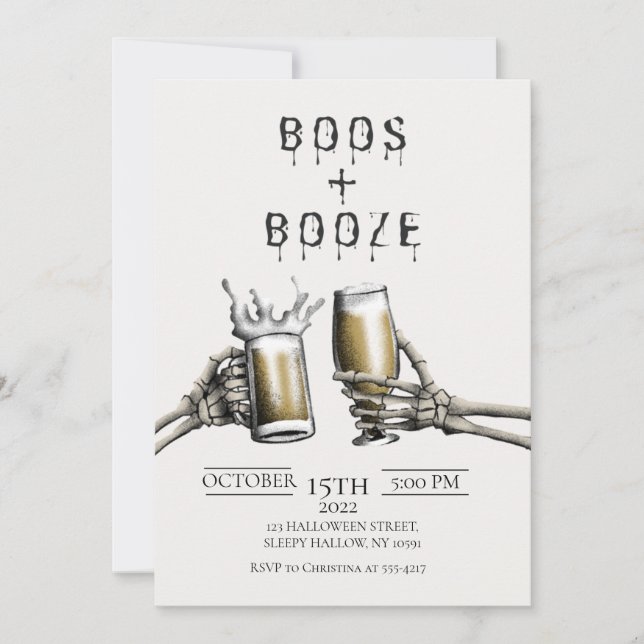 Boos + Booze Adultos Convite para o Dia das Bruxas (Frente)