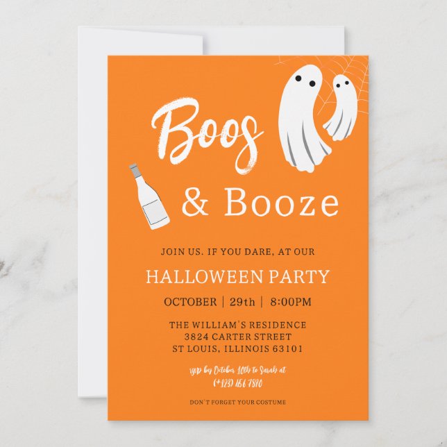 Boos e Booze Adultos Halloween Convite Laranja (Frente)