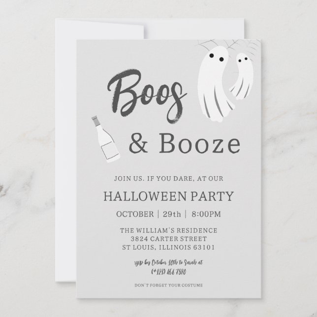 Boos e Booze Cinzas Adultos de Halloween Convite B (Frente)