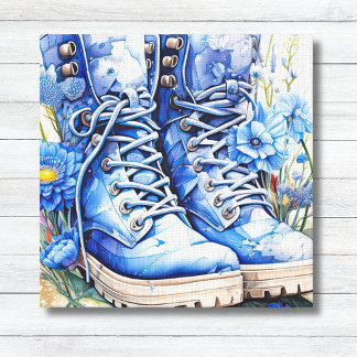 Boot Blue Hiking com Canvas de Flores Selvagens