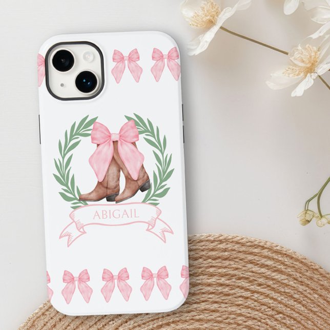 Boots da Cowgirl e Arcos Rosa Personalizados (Personalized iphone case with cowgirl boots, pink bows and club style logo by Darling and May)