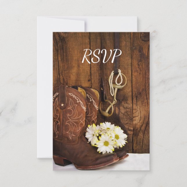 Boots do Cowboy, Daisies, RSVP de Casamento do Bit (Frente)