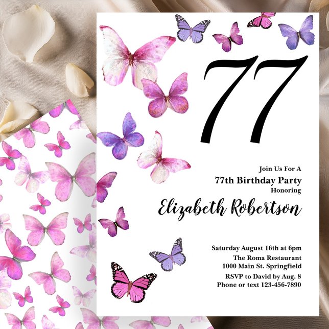 Borboleta 77.º Convite de Aniversário em Rosa/Roxo (Criador carregado)