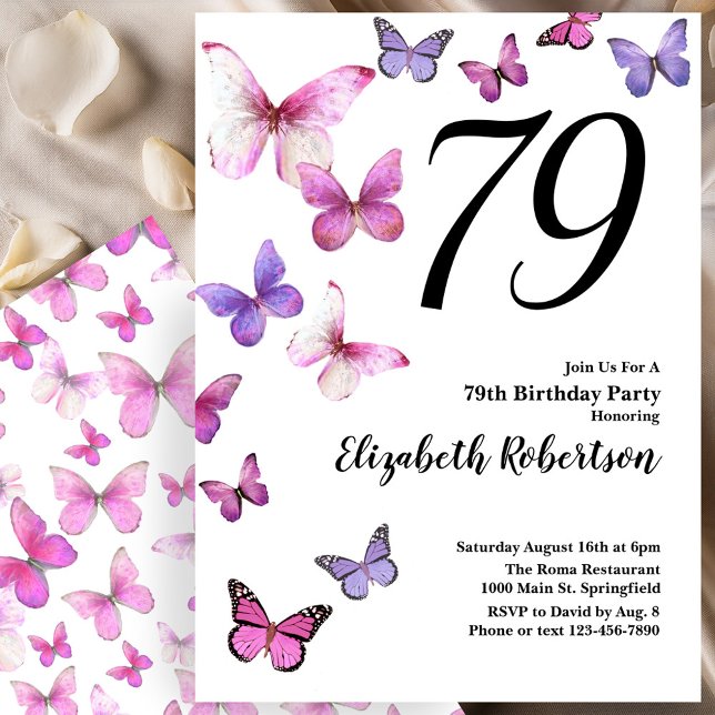 Borboleta 79º Convite de Aniversário em Rosa/Roxo (Criador carregado)