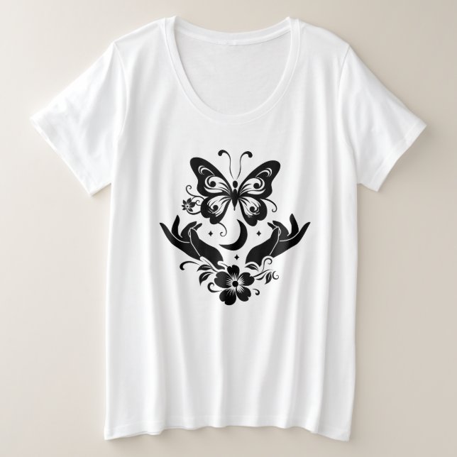 Borboleta Aberta Mãos Celestial Camisa Botânica (Frente do Design)