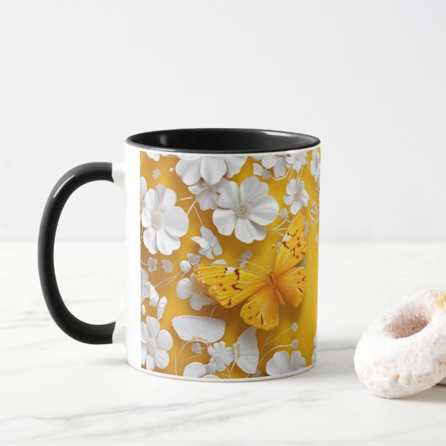 Borboleta amarela com caneca de flores brancas (Com Donut)