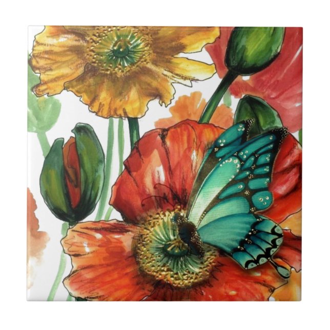 Borboleta azul em papoilas (Frente)