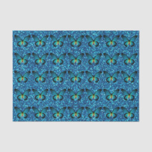 Borboleta azul no lenço de papel azul do brilho