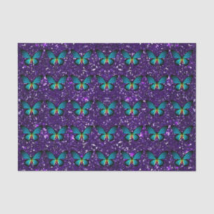 Borboleta azul no lenço de papel roxo do brilho