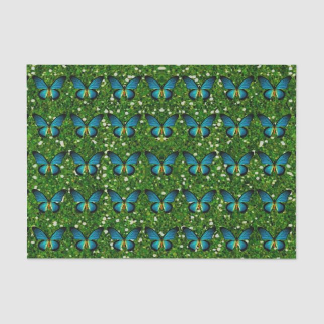 Borboleta Azul No Papel De Tecido Com Brilho Verde (Frente )