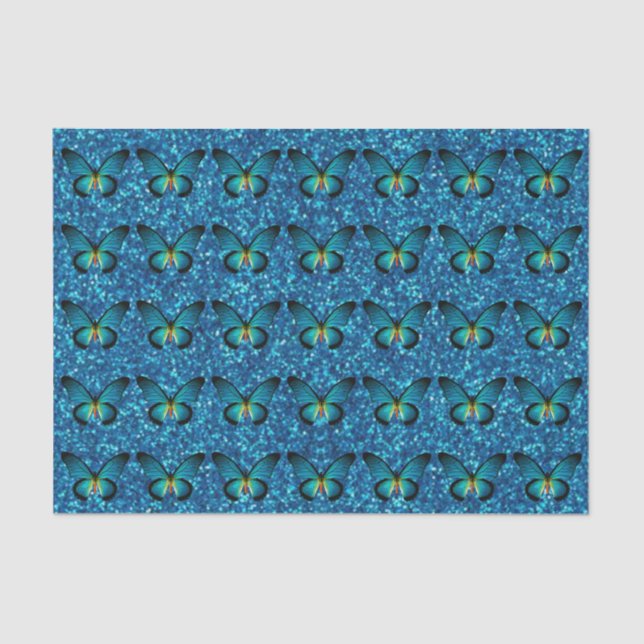 Borboleta Azul No Papel Tecido Brilhante Azul (Frente )