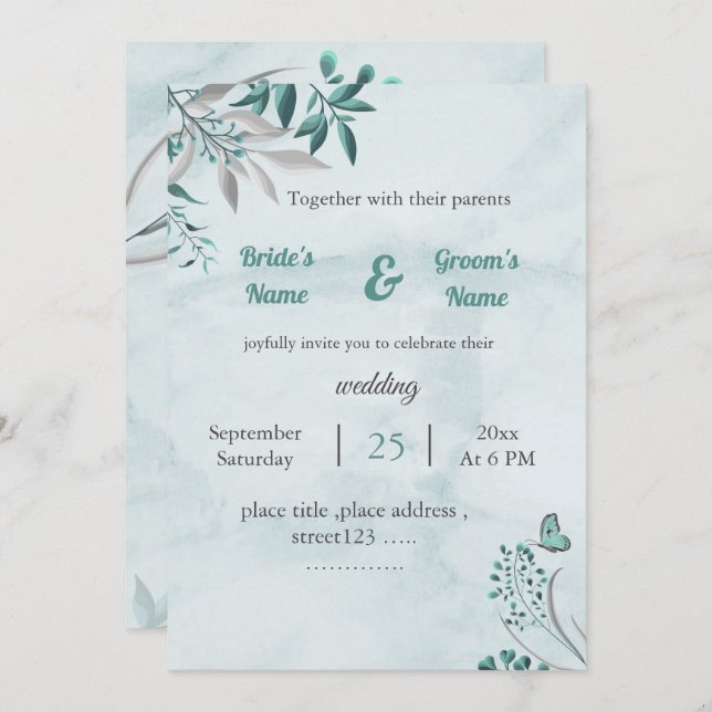 borboleta azul romântica deixa cartão floral de ca (Frente/Verso)