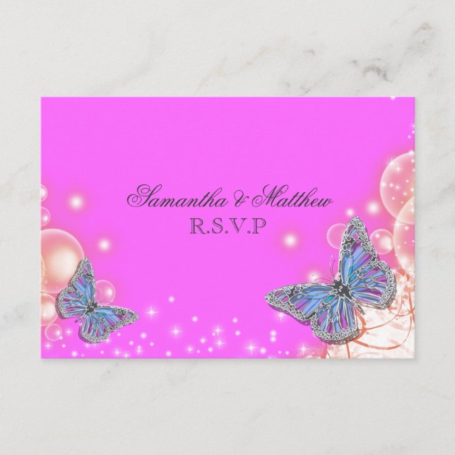Borboleta azul roxa rosa casamento rsvp (Frente)