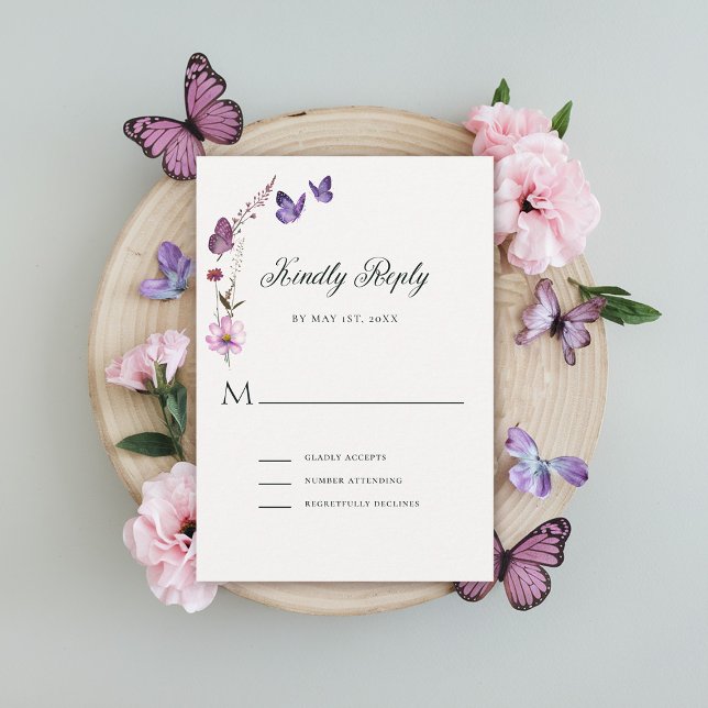 Borboleta Beija Chá RSVP de Bebê Roxo Selvagem (butterflies wildflowers rsvp card baby shower bridal wedding birthday party spring summer garden)