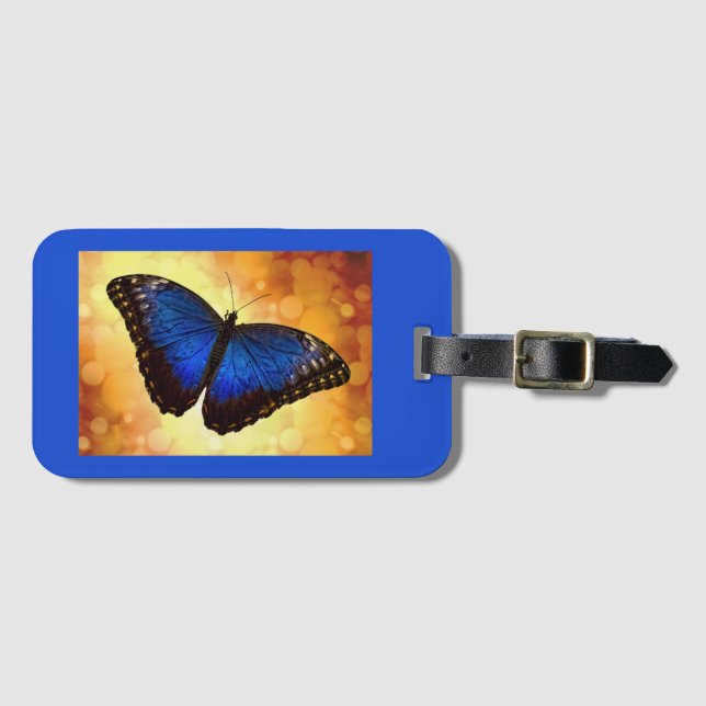 Borboleta Blue Morpho em Etiqueta de Bagagem Doura (Frente Horizontal)