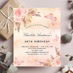 Borboleta-borboleta-de-relva-de-aniversário de orç<br><div class="desc">Um fundo rosa dourado,  rosado,  rosado e roxo,  com aspecto metálico. Decorados com ouro rosa e flores,  rosas,  erva-pampas e borboletas cor-de-rosa. Personalize e adicione um nome e detalhes da parte.</div>