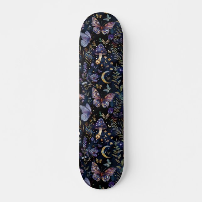 Borboleta Botânica Celestial Skateboard Escuro (Frente)
