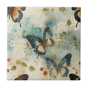 Borboleta Botânica em Verde Azul e Laranja Vintage