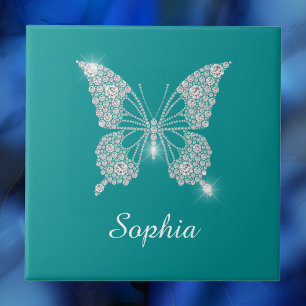 Borboleta Diamante Branco, Nome em Letra, Azul Tur