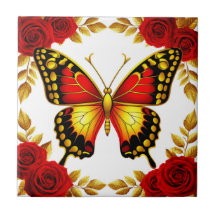 Borboleta Dourada Com Rosas Vermelhas E Folhas Dou
