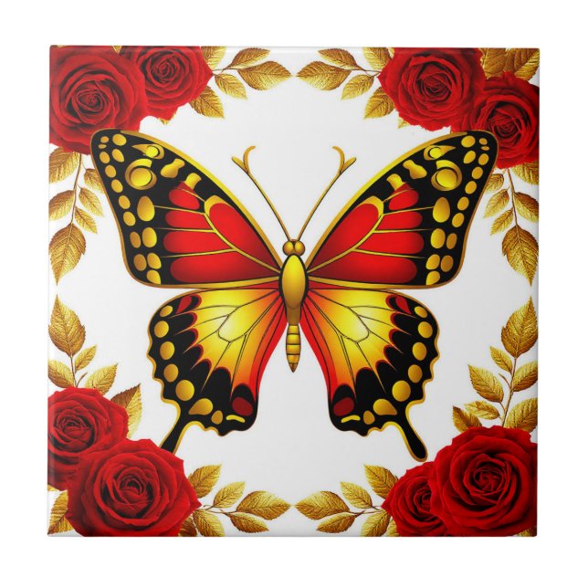 Borboleta Dourada Com Rosas Vermelhas E Folhas Dou (Frente)