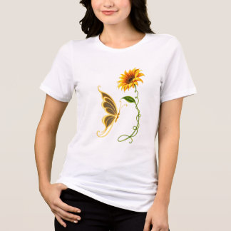 Borboleta Dourada e Girassol Botânico Floral Na