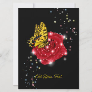 Borboleta em rosa vermelha com estrelas e gotas de