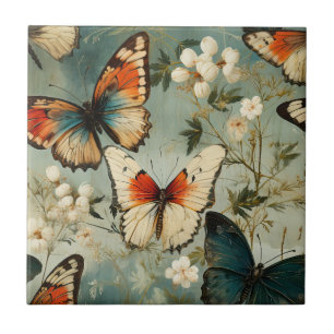 Borboleta Laranja Teal Antiga Flor Branca