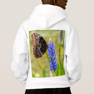 Borboleta morfo azul em uma t-shirt de pântano