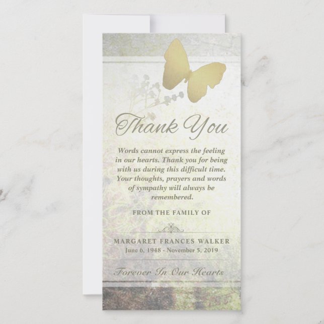 Borboleta ouro Obrigado Cartão de condolências (Frente)