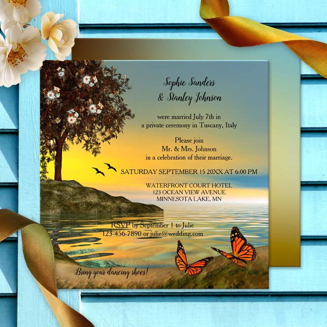 Borboleta Romântica Postada ou Após Convite de cas (Wedding reception only invitation featuring a sunset at a lake with butterflies and blossoming tree)