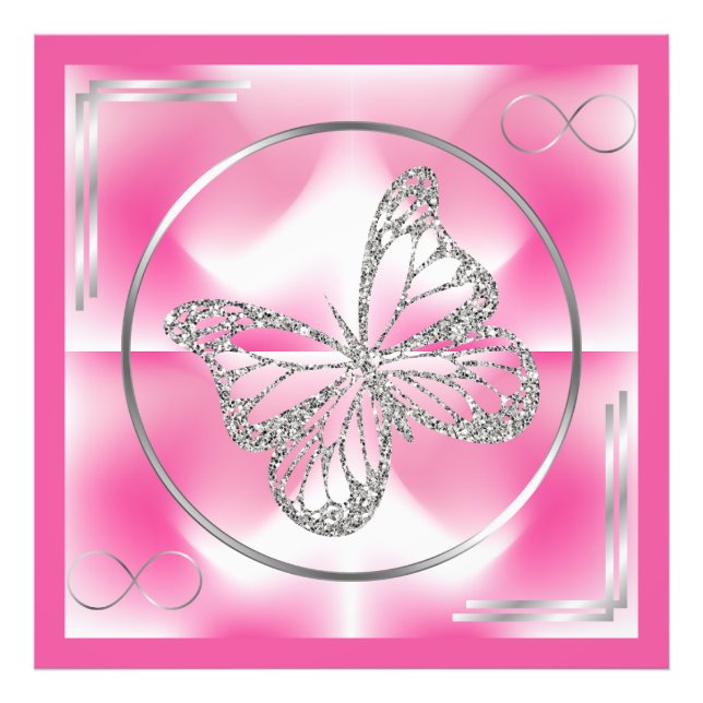 Borboleta rosa e prata e sinal infinito | Foto (Frente)